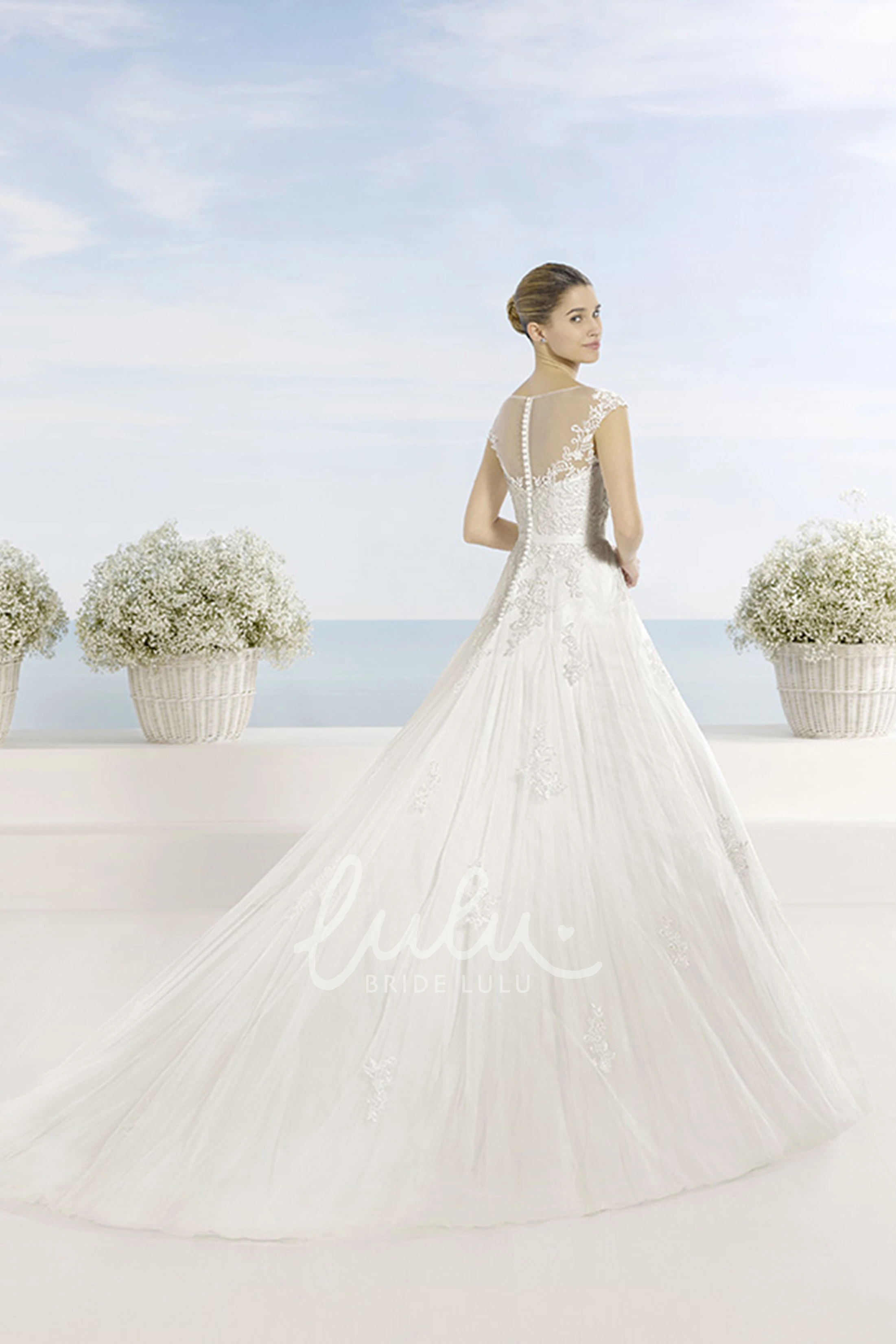 Bateau-Neck Tulle Ball Gown Wedding Dress with Short Sleeves and Illusion
