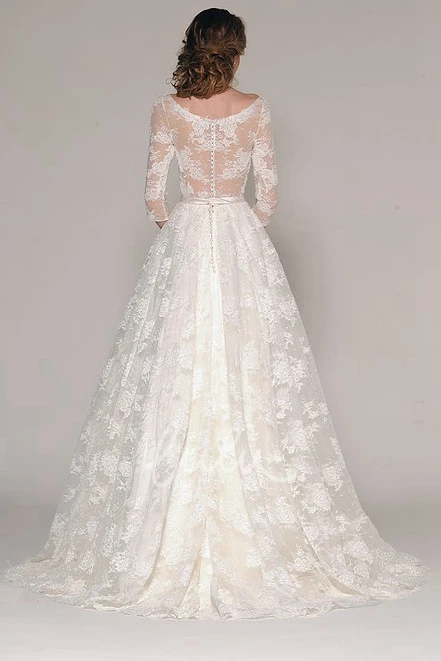 Lace V-Neck A-Line Wedding Dress with Appliques and 3/4 Sleeves