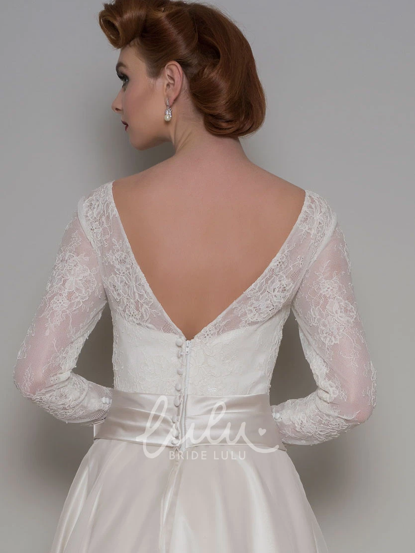 Satin&Tulle Floor-Length A-Line Wedding Dress with Bow Lace Long-Sleeve Bridal Gown