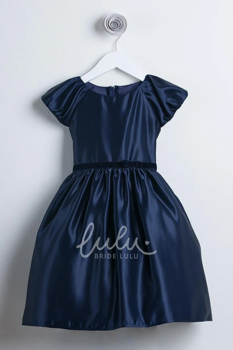 Satin Cap-Sleeve Flower Girl Dress with Bow Detail