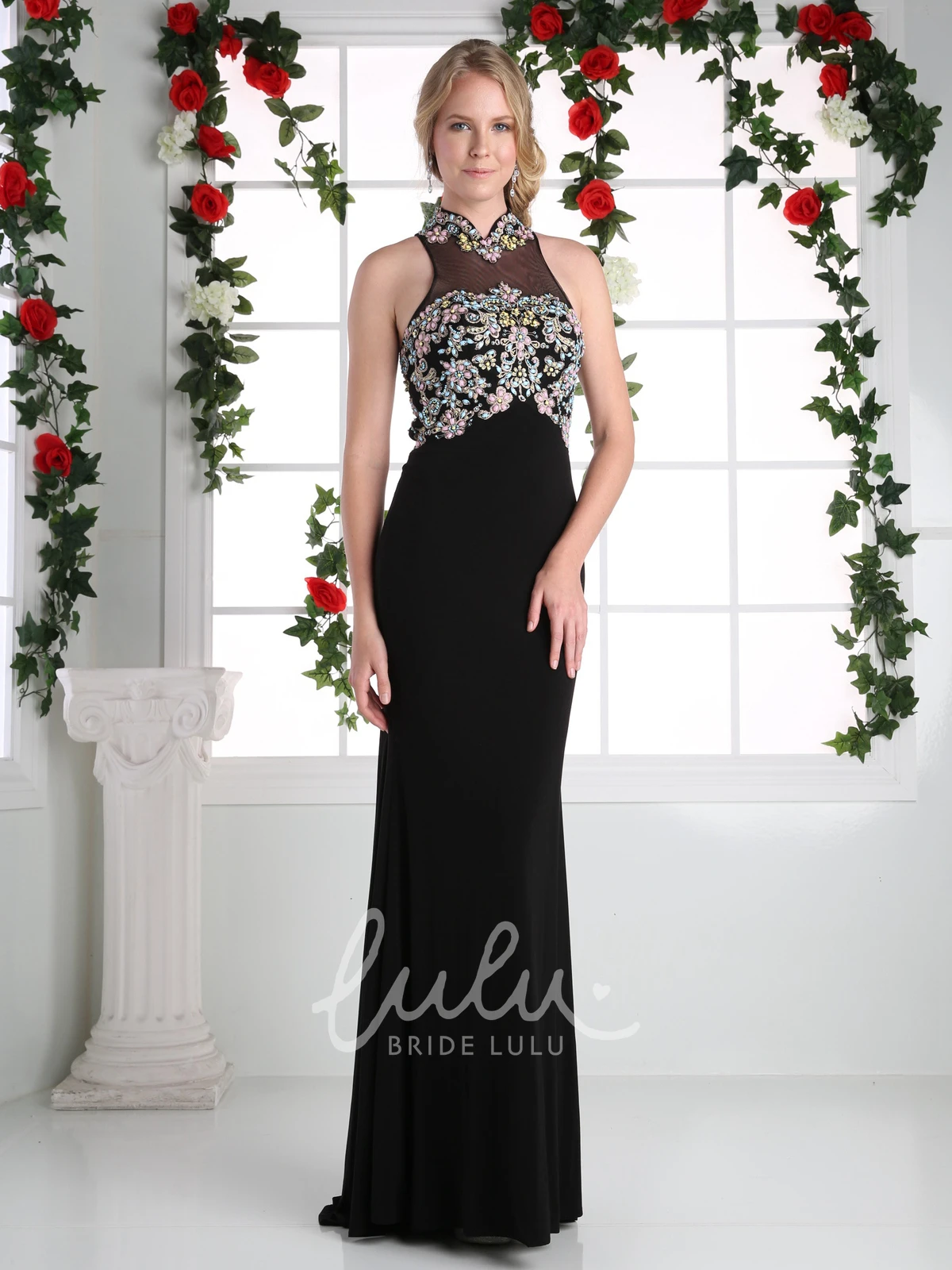 Sleeveless Jersey Illusion Formal Dress With Beading and Keyhole