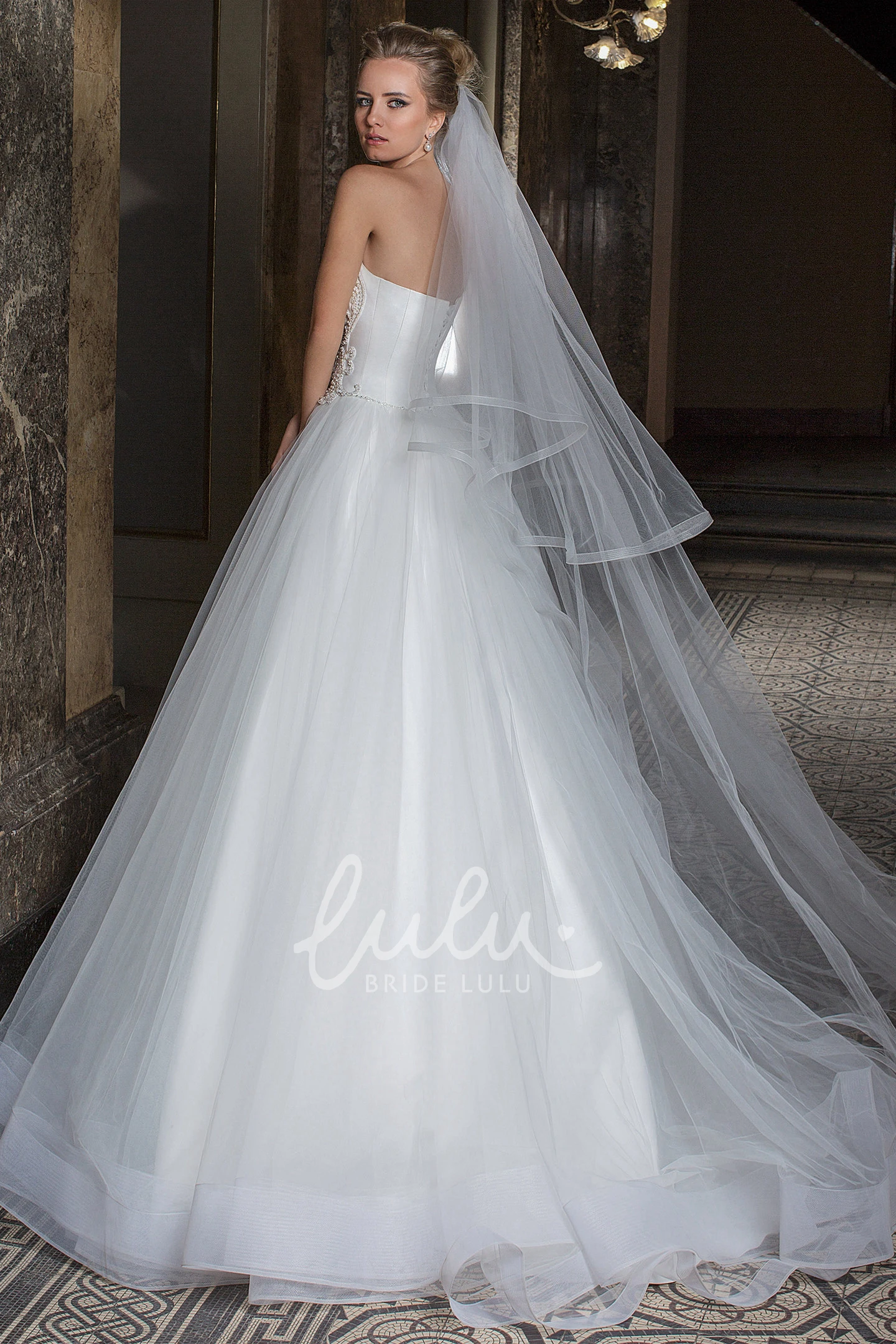 Strapless Beaded Tulle Wedding Dress with Pleats Floor-Length