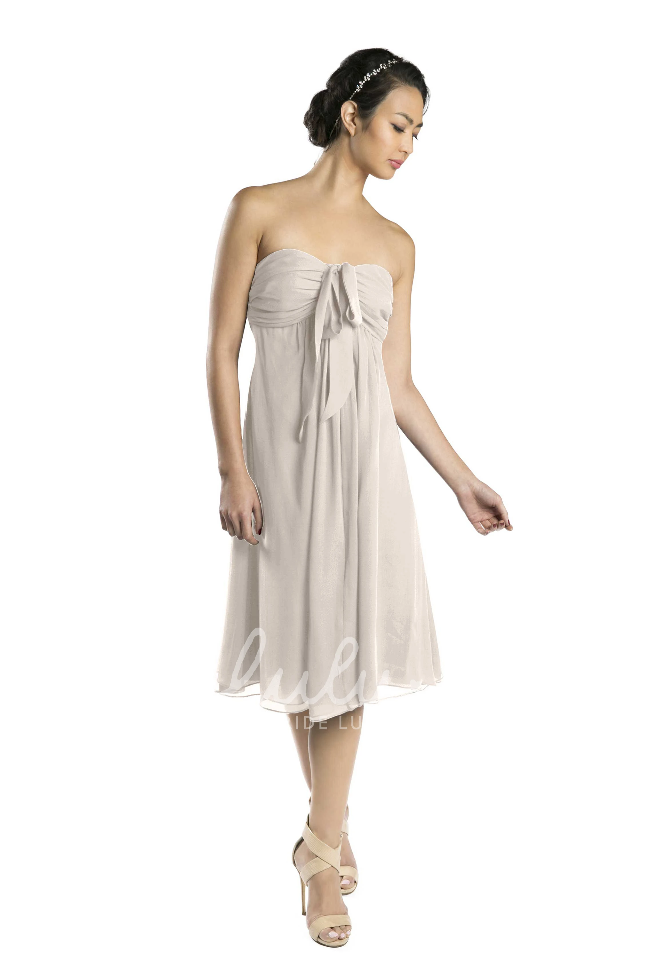 Strapless Tea-Length Chiffon Bridesmaid Dress in Multi-Color Bow Detail and Ruching