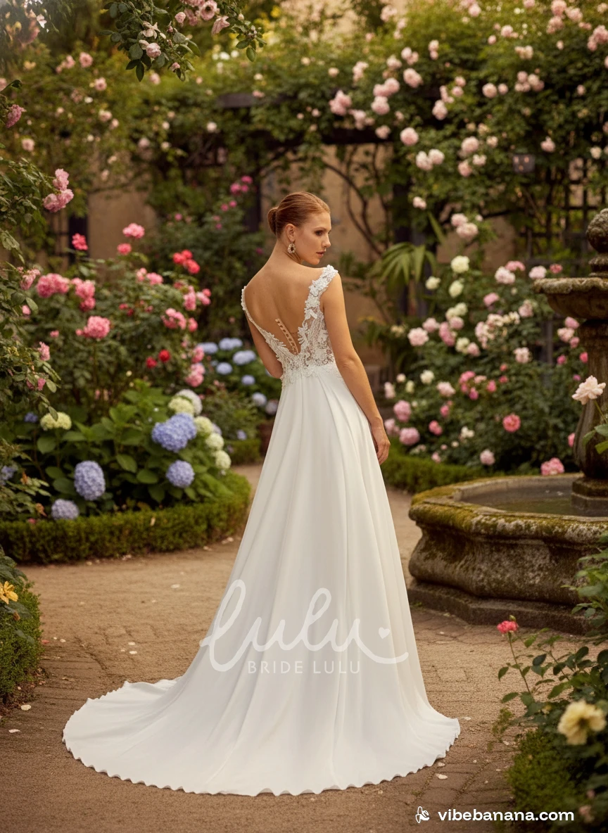 A-Line Casual Lace Sleeveless Wedding Dress Romantic V-Neck Illusion Bridal Gown