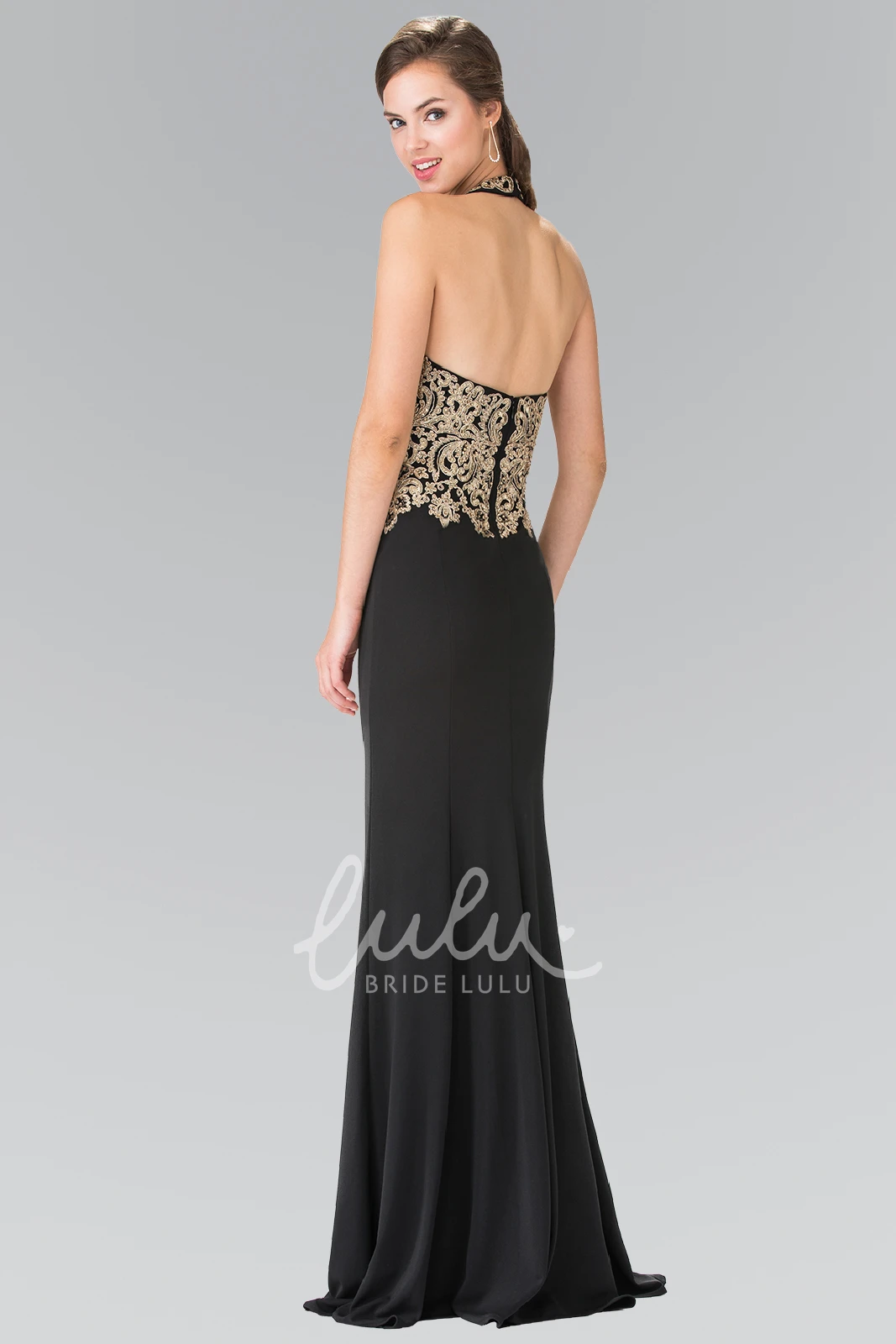 Floor-Length Jersey Halter Bridesmaid Dress With Appliques Sleeveless Sheath