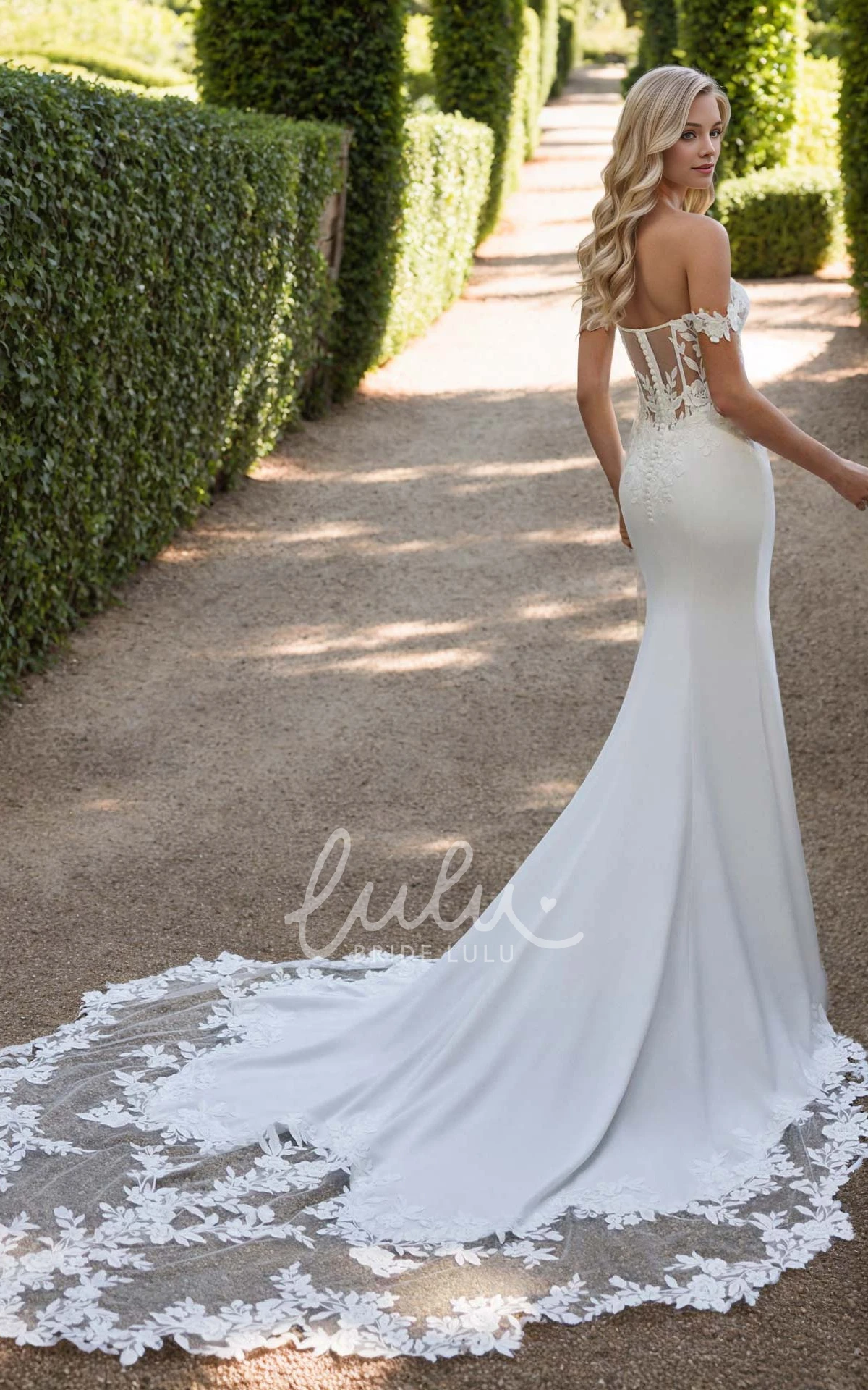 Vintage Romantic Off-the-shoulder Mermaid Jersey Lace Flowers Warm Wedding Dress Sexy Elegant Floor-length Sleeveless Open Button Back Bridal Gown with Train