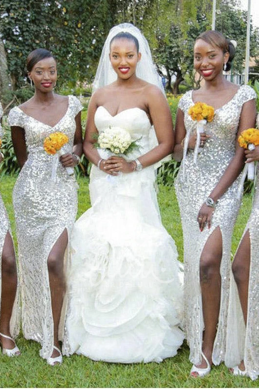 Sequined Sheath Prom Dress with Split and Cap Sleeves