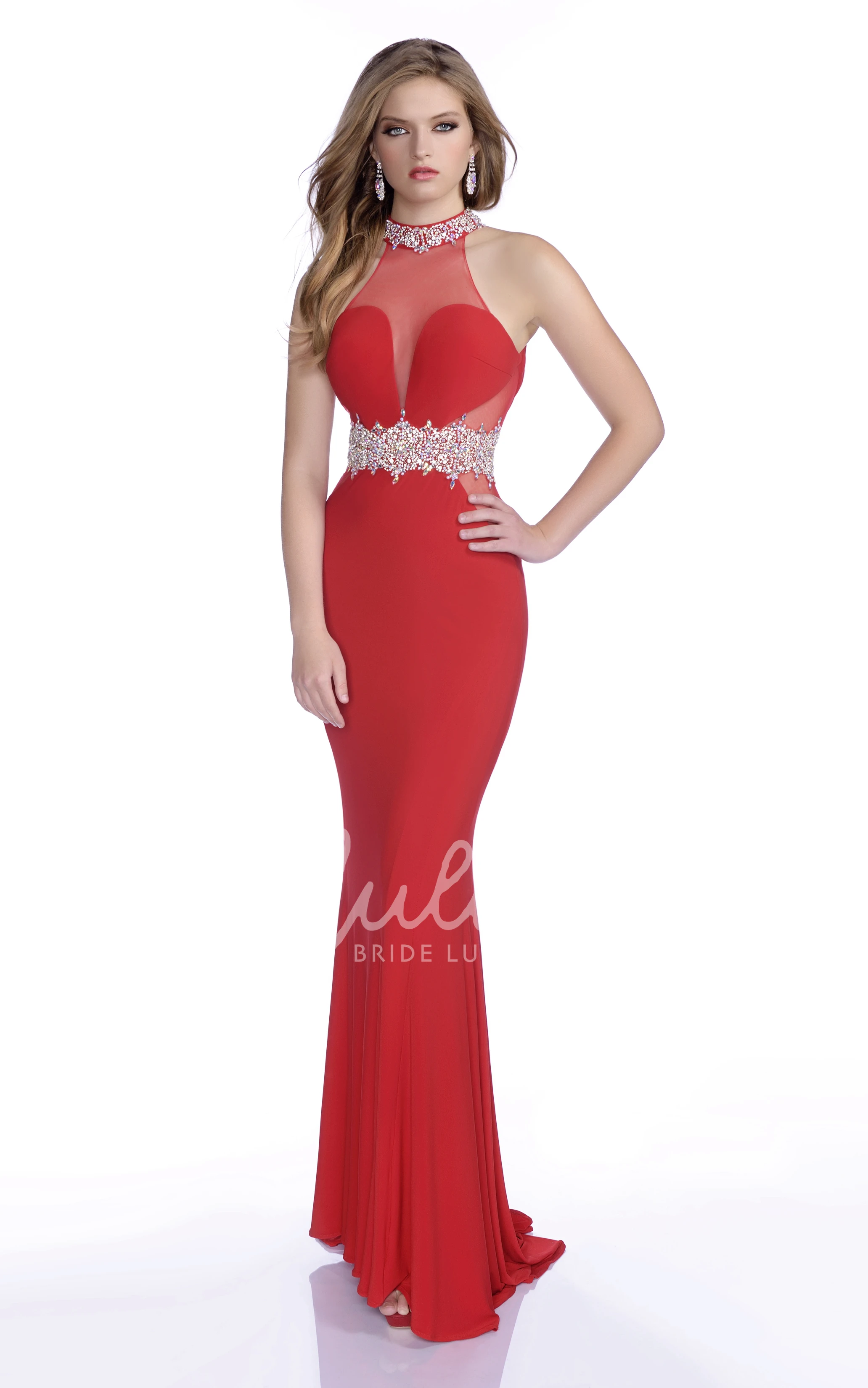 Bling Waistband Halter Mermaid Jersey Formal Dress with Keyhole Back