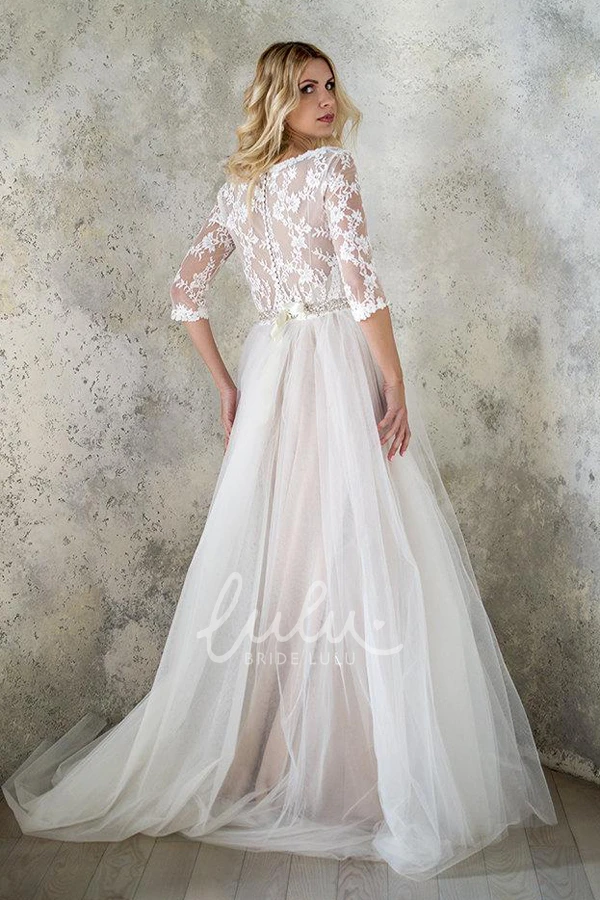 Beaded Lace Satin Wedding Dress with Tulle Sequins Sleeves