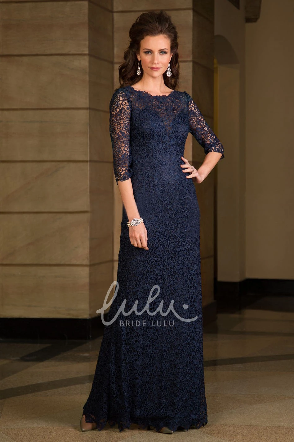 Illusion Lace Mother of the Bride Dress with 3/4 Sleeves Modern Formal Dress