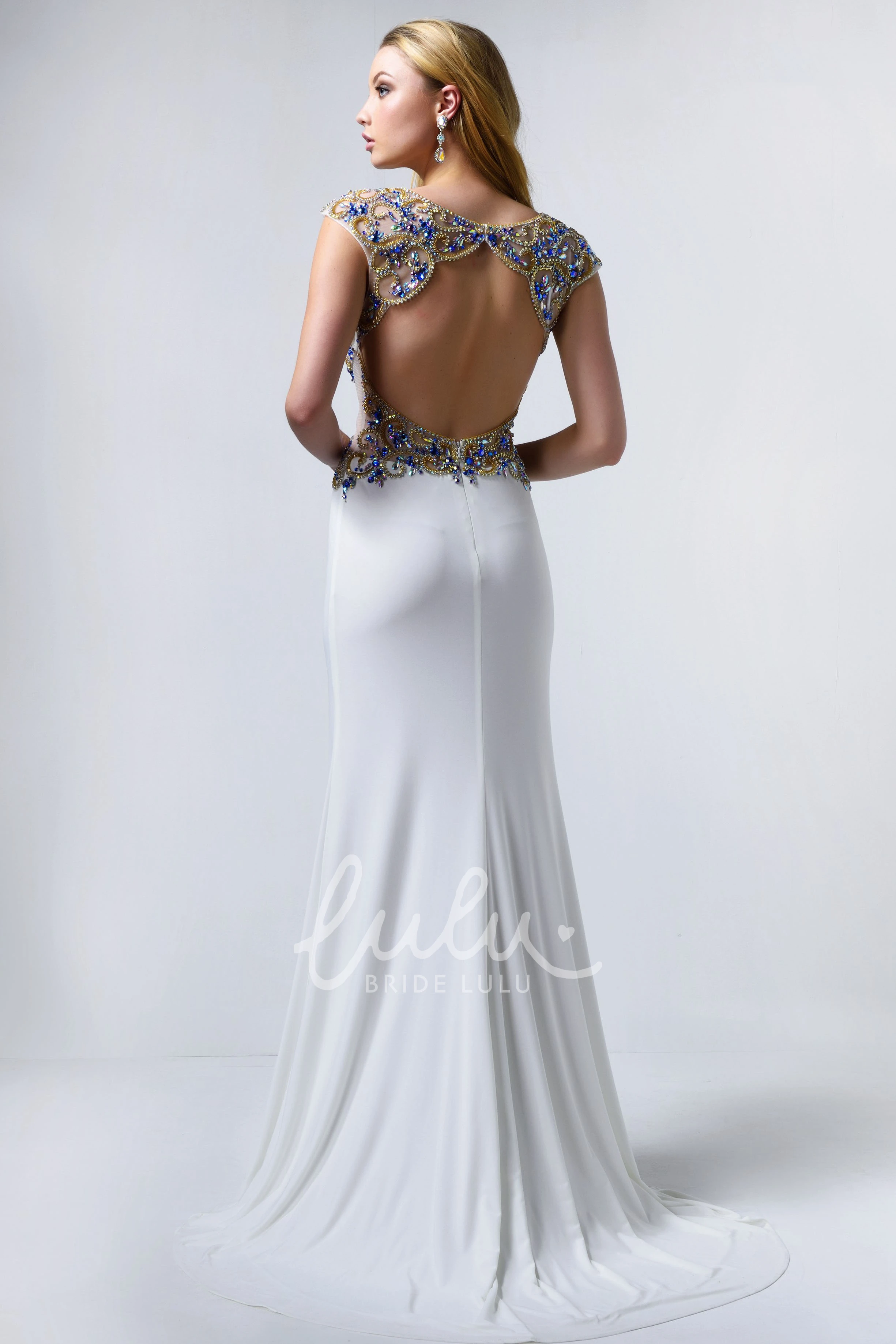 Crystal Detailing V-Neck Cap-Sleeve Sheath Prom Dress in Jersey Fabric