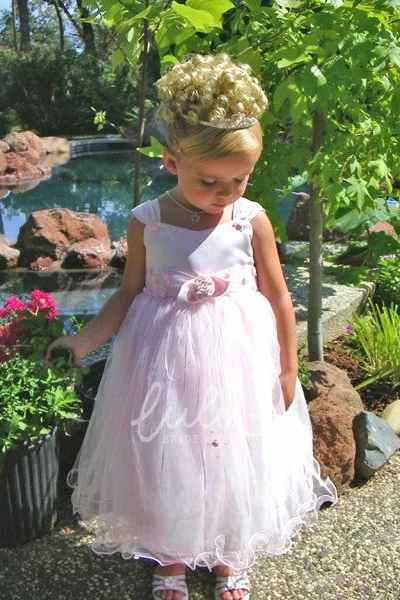 Floral Tulle and Satin Tea-Length Flower Girl Dress Simple Dress for Girls