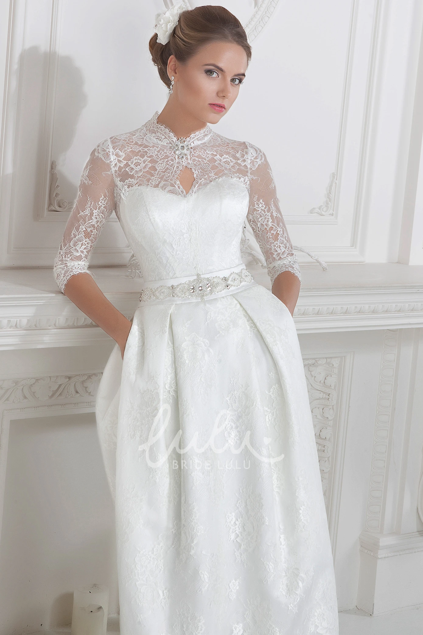 Long Sleeve Lace Wedding Dress with High Neckline and Corset Back Elegant Wedding Dress