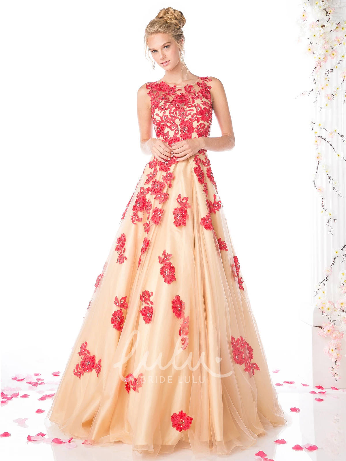 Applique Tulle Ball Gown Illusion Prom Dress with Scoop Neck