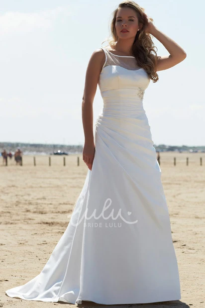 Broach Bateau-Neck Sleeveless Chiffon Wedding Dress with Side Draping Elegant Wedding Dress