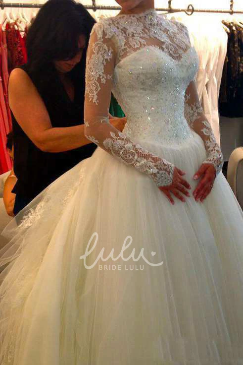 Illusion Sleeve High Neck A-line Tulle Wedding Dress