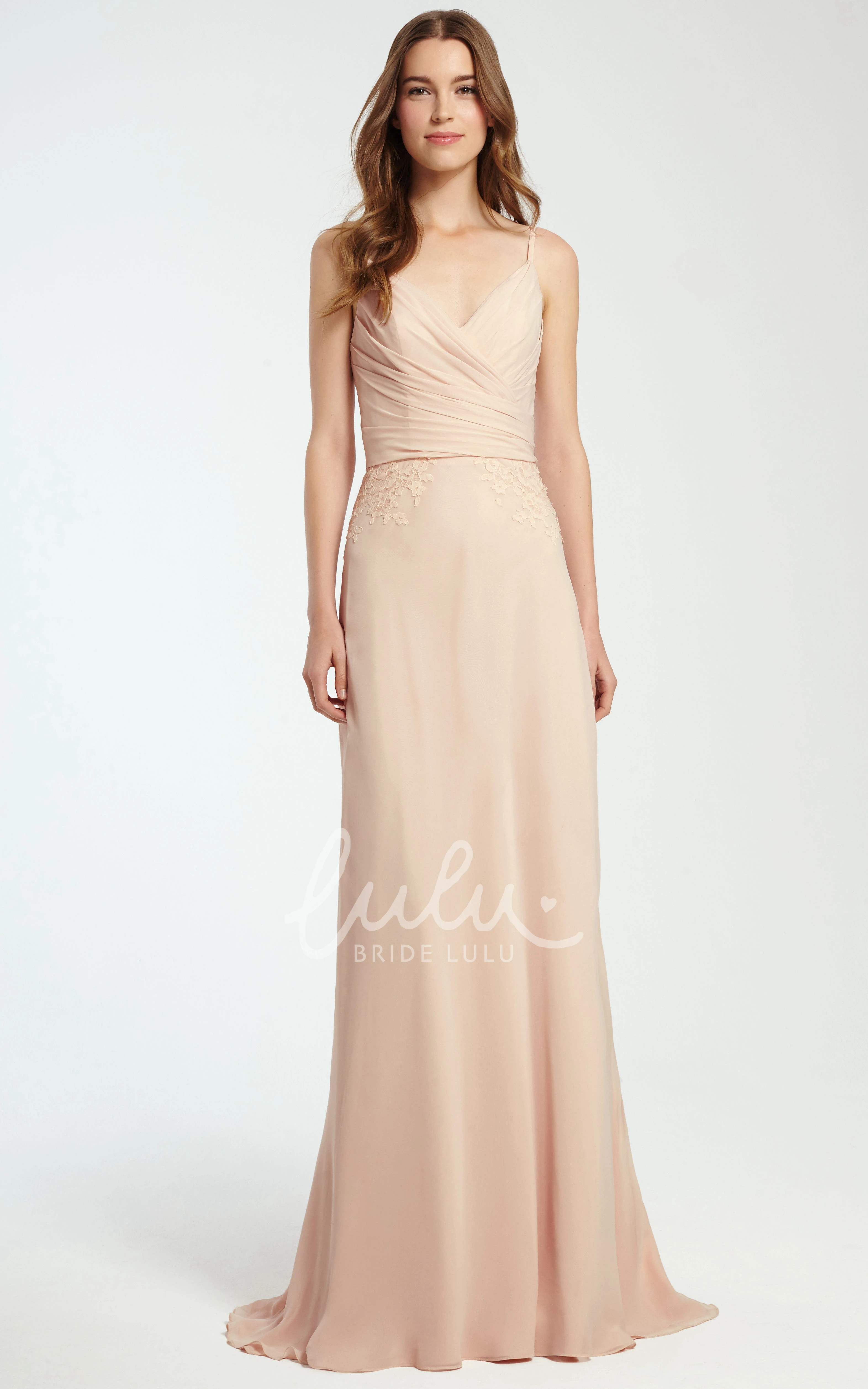 Spaghetti Strap Applique Chiffon Bridesmaid Dress with Ruching