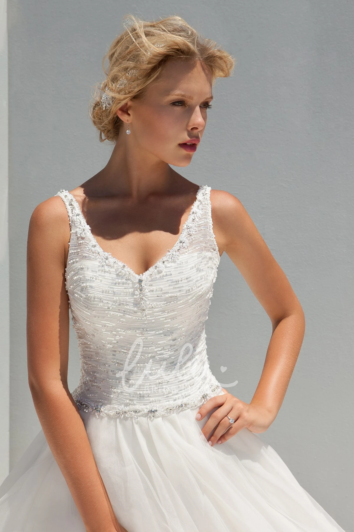 Sequined V-Neck A-Line Wedding Dress with Beading and Ruching