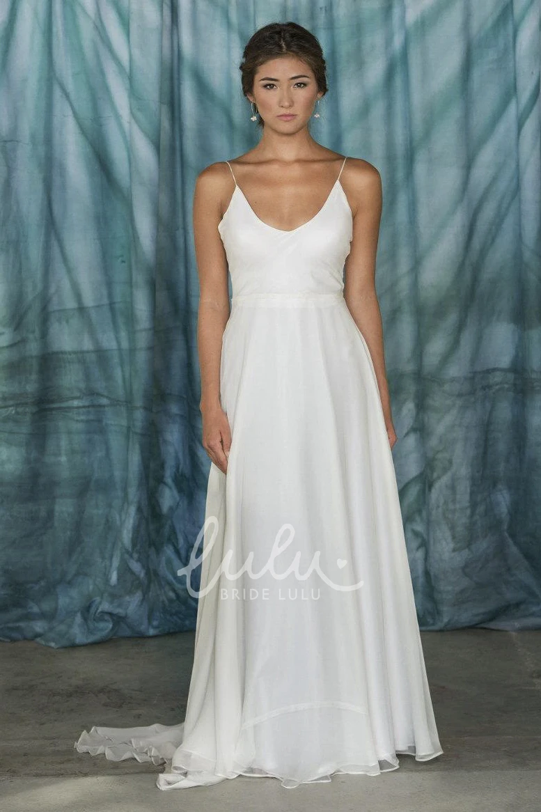 Chiffon A-Line Wedding Dress with Spaghetti Straps and V-Neck