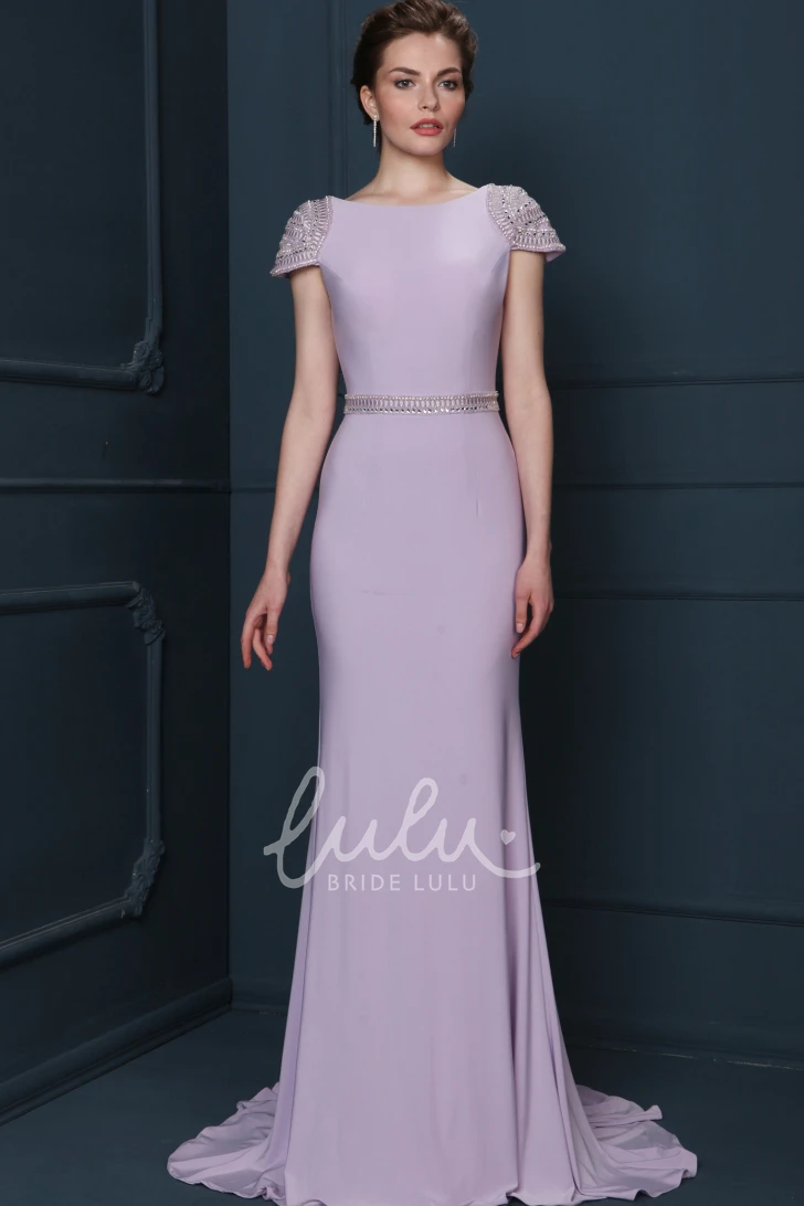 Floor-Length Beaded Jewel-Neck Sheath Formal Dress with Waist Jewelry