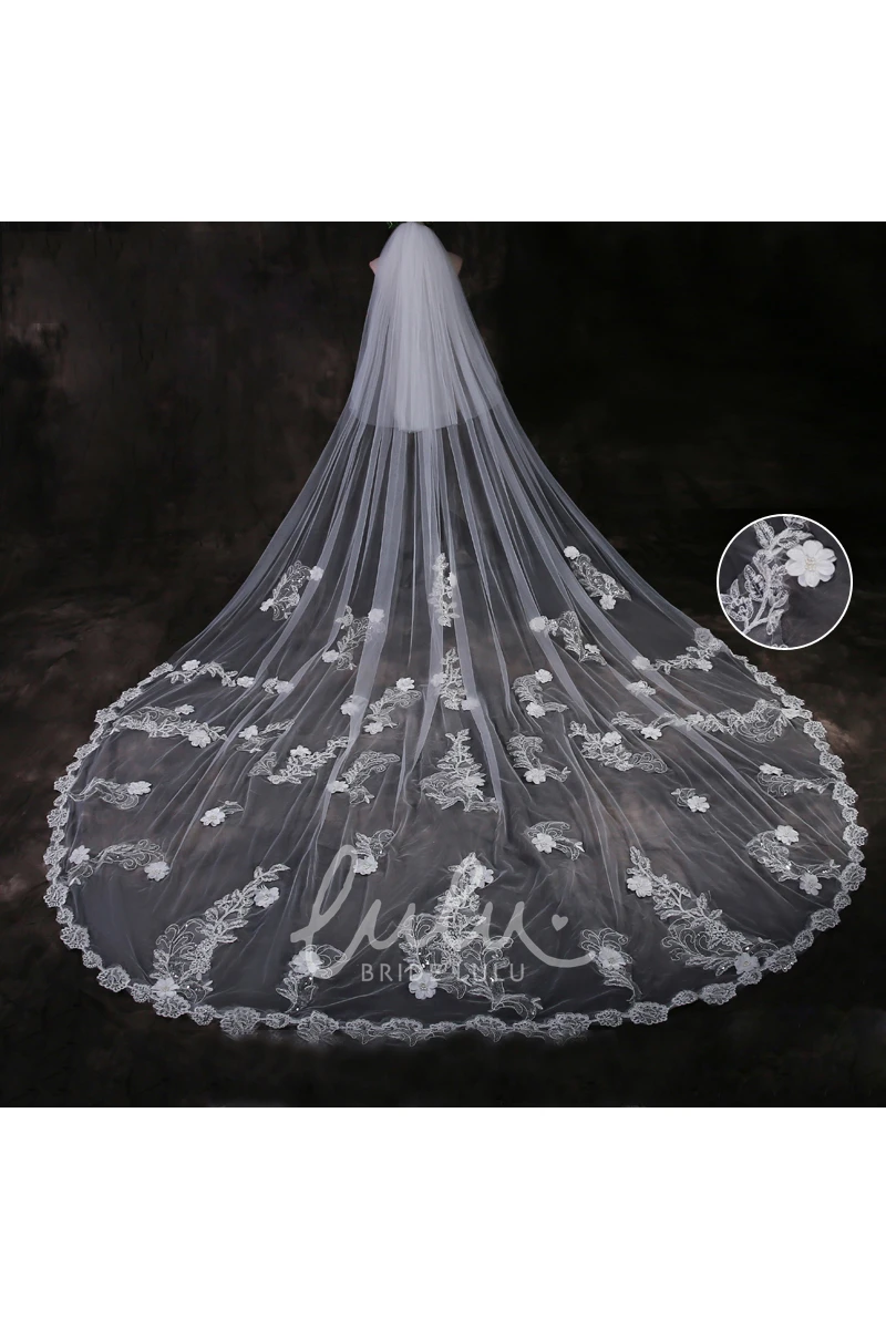 Cathedral Tulle Wedding Veil Ethereal Lace Appliques & Flowers