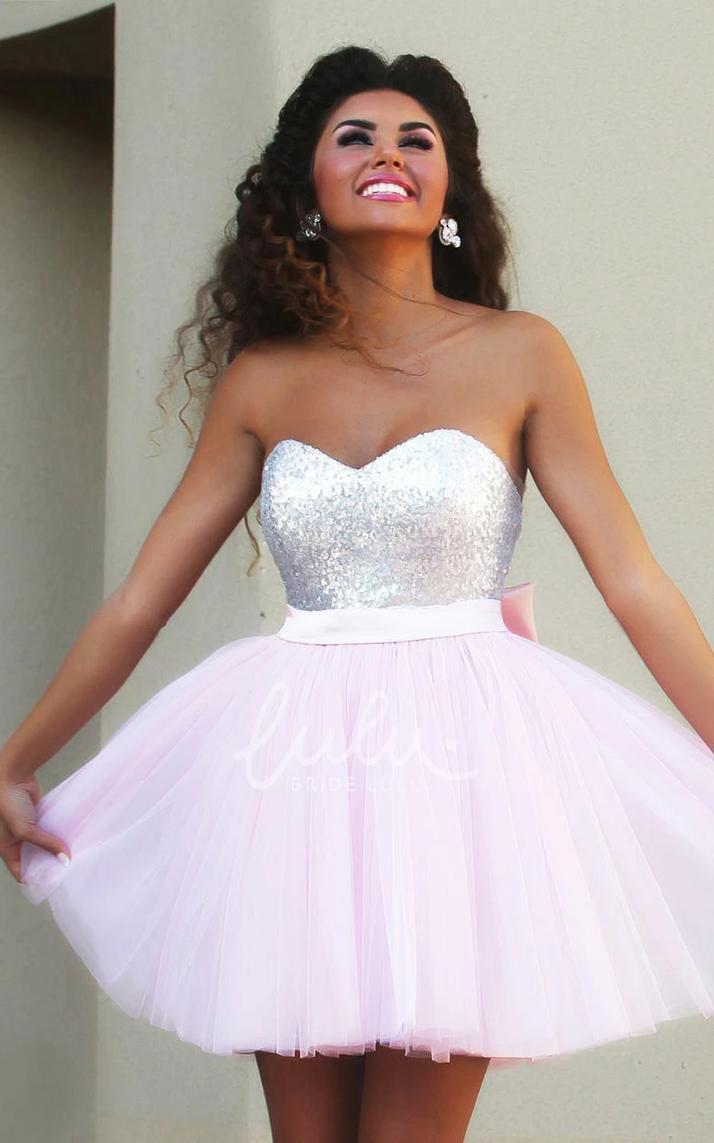 Tulle Sequins Sleeveless A-Line Casual Formal Dress with Open Back and Bows