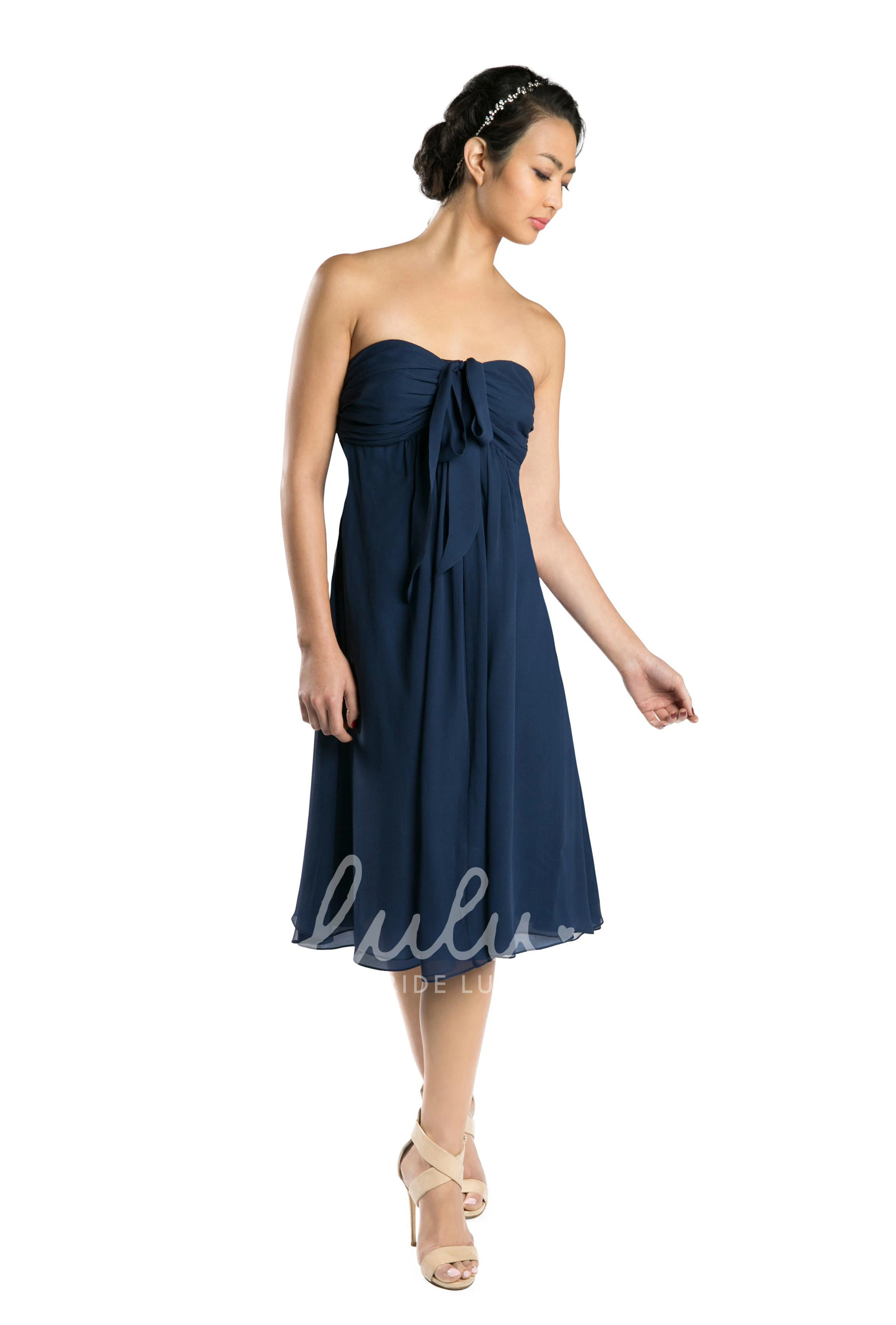 Strapless Tea-Length Chiffon Bridesmaid Dress in Multi-Color Bow Detail and Ruching