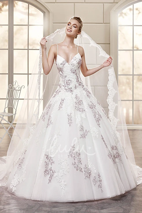 Lace Appliqued Spaghetti Strap Ball Gown Wedding Dress