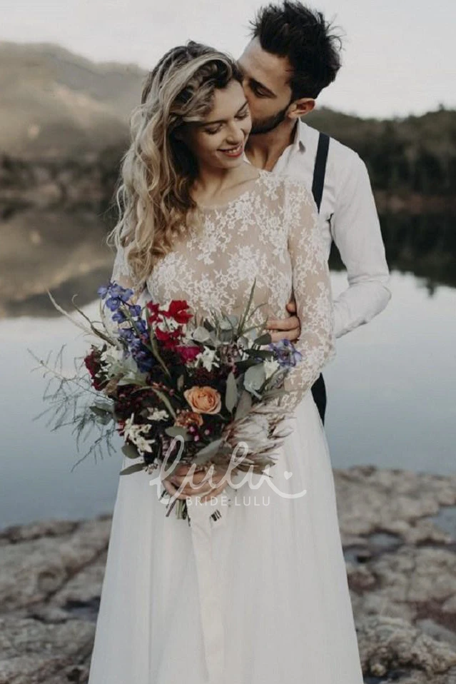 Elegant Lace and Tulle Wedding Dress with Long Sleeves and Keyhole