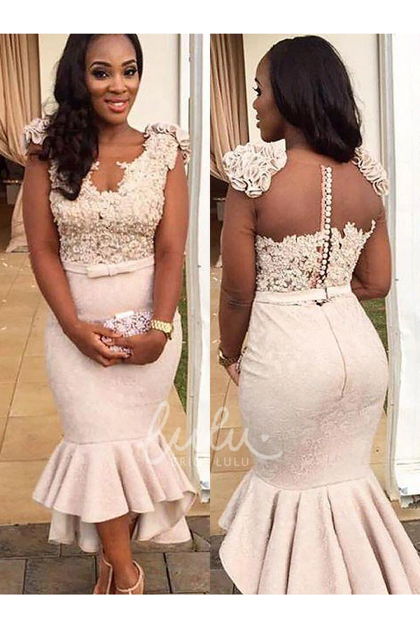 V-Neck Cap Sleeve Satin Lace High-Low Mermaid Prom Dress