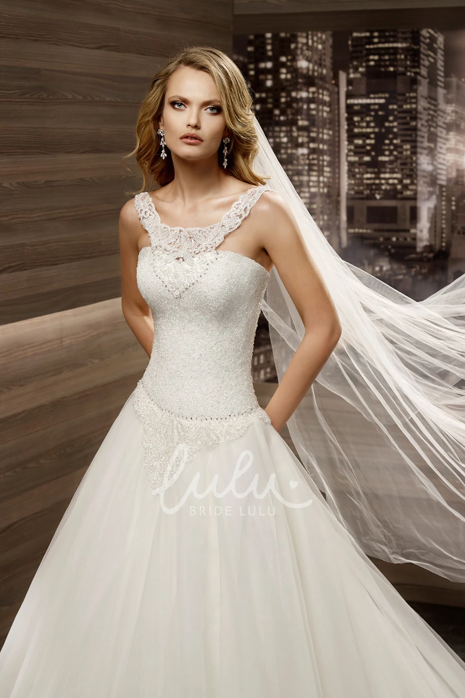 A-line Wedding Dress with Scooped-neck and Brush Train Lace-up Back