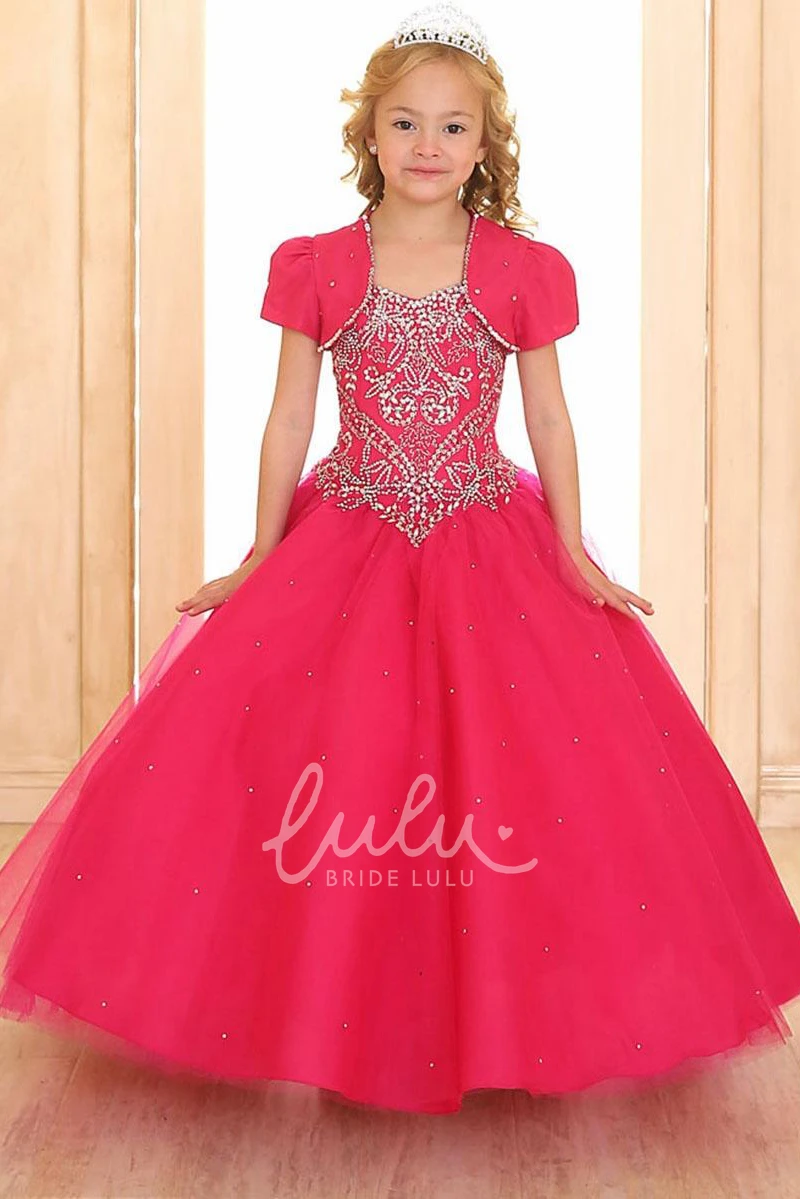 Beaded Tulle Flower Girl Dress with Corset Back Tiered Wedding Dress