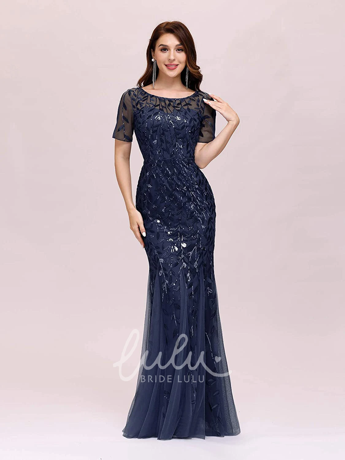 Sequin Trumpet Illusion Prom Dress with Short Sleeves and Pleats