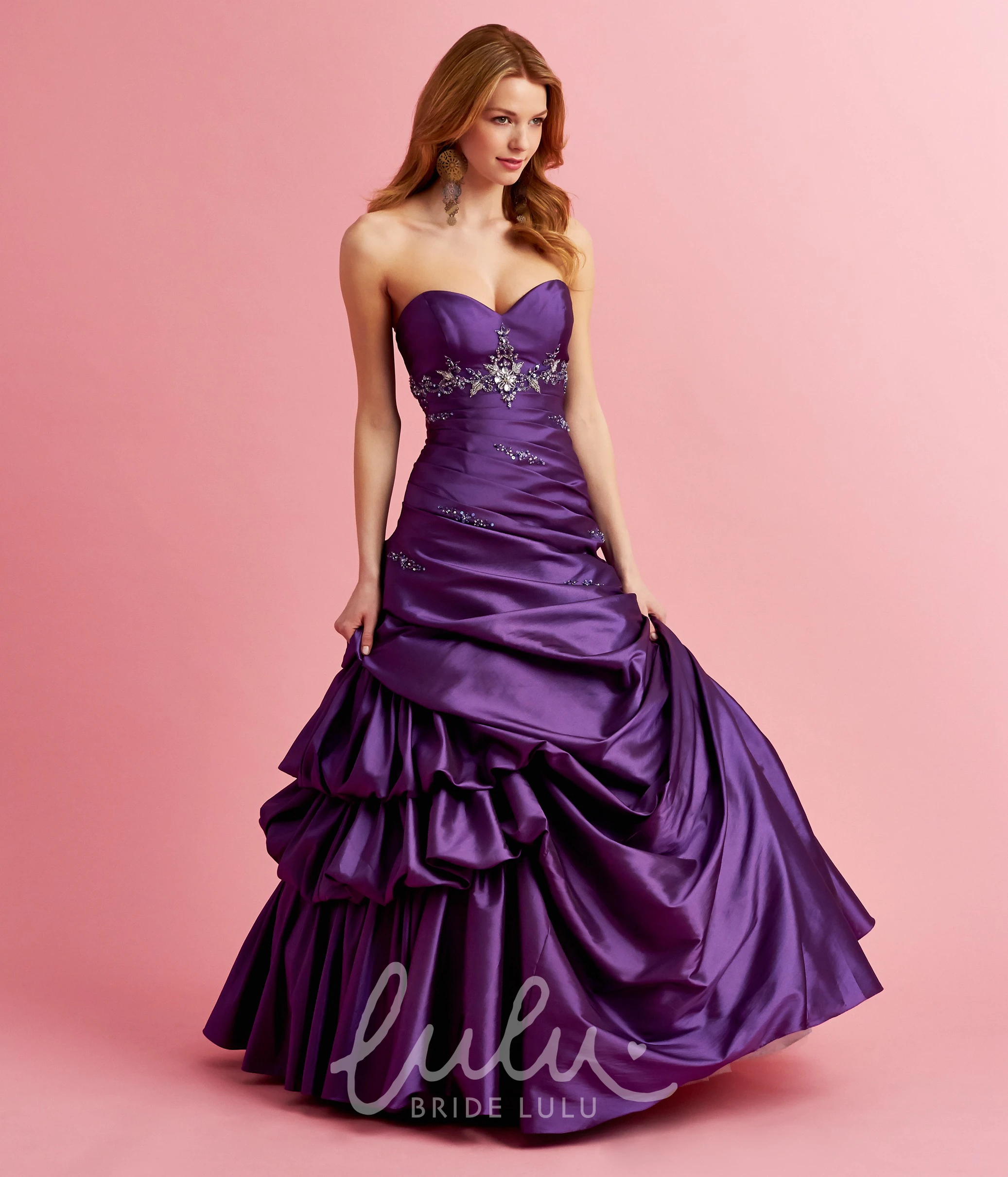 Long Sweetheart Satin Pick Up A-Line Formal Dress with Beading