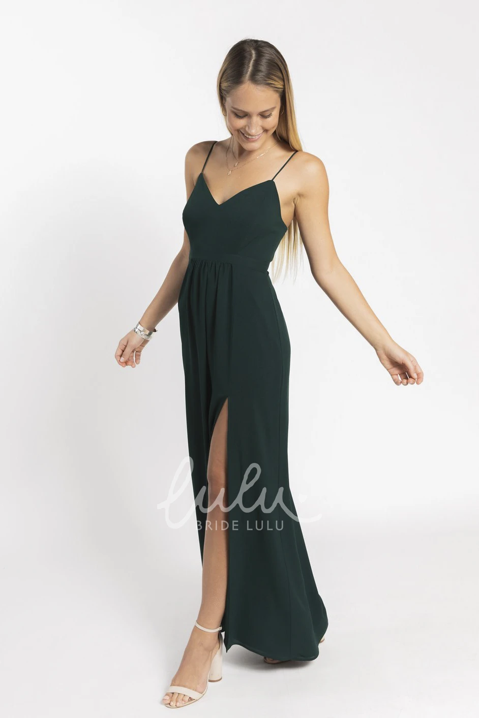 Simple Spaghetti Straps V-neck Bridesmaid Dress with Open Back Flowy Bridesmaid Party Gown