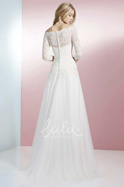 Off-Shoulder Lace Tulle Winter Wedding Dress with Brush Train 3/4 Sleeve Sheath