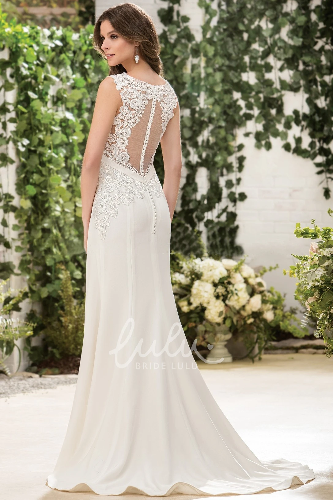Illusion Appliqued V-Neck Wedding Dress with Sleeveless Back