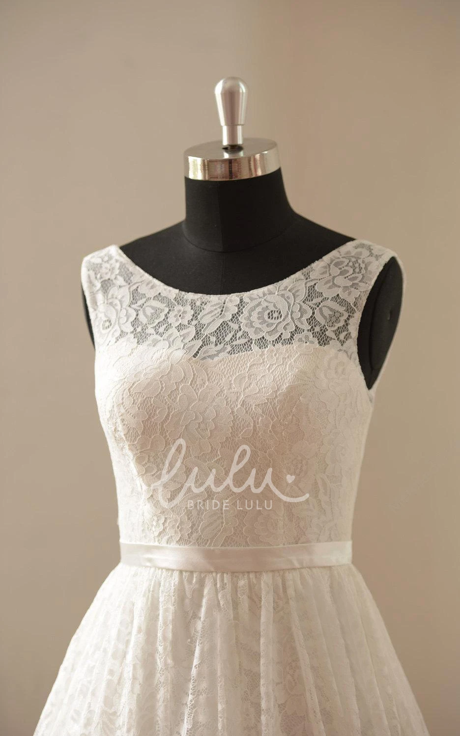 Tea-Length Lace Wedding Dress Satin Sash Bateau Neckline