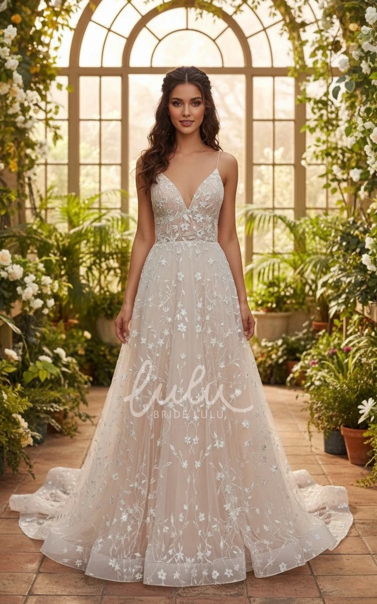 A-Line Boho Lace Floral Wedding Dress Spaghetti Strap Champagne Bridal Gown