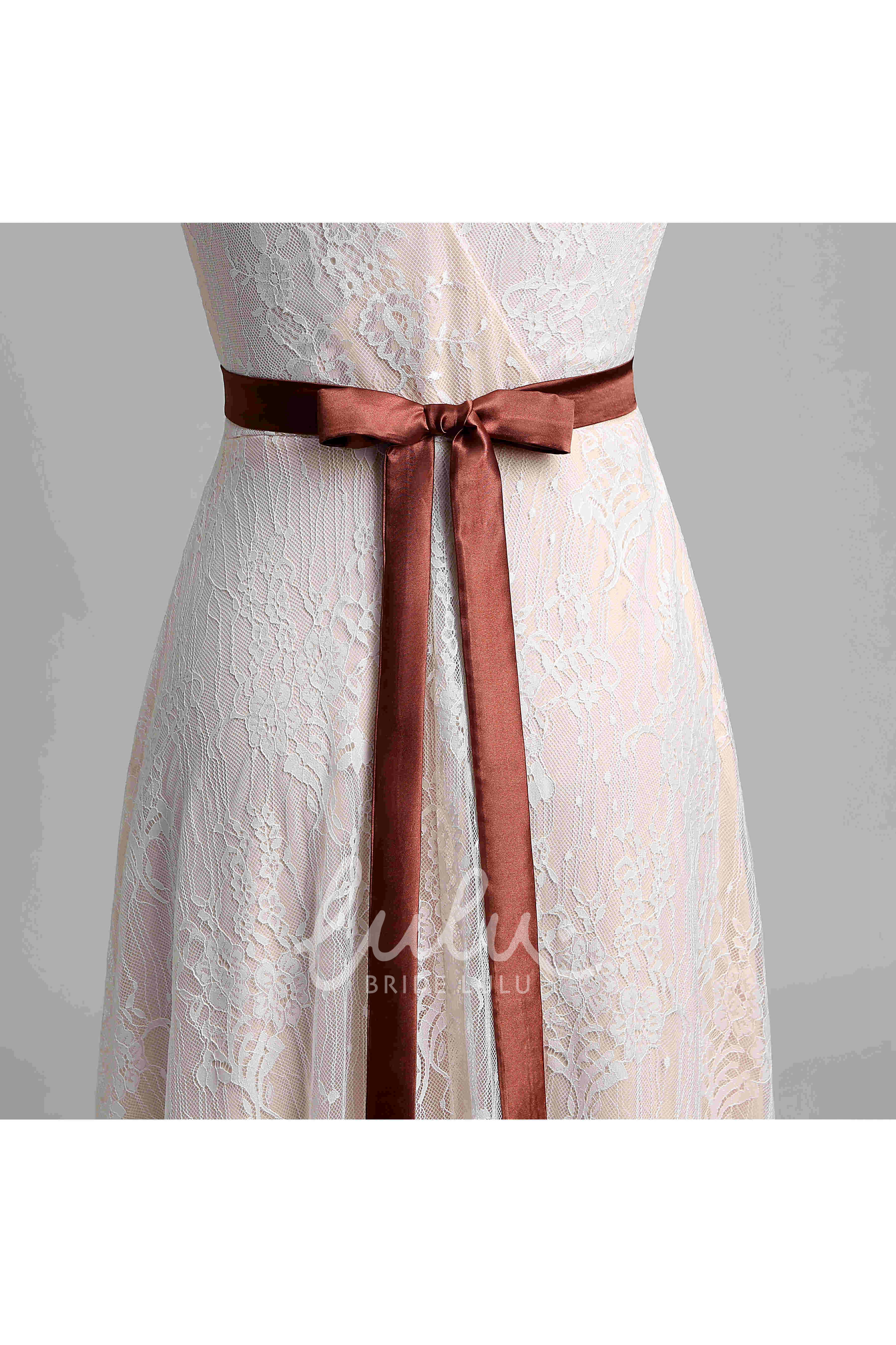 Lace A-Line Beach Wedding Dress with Sash Ribbon and Beading
