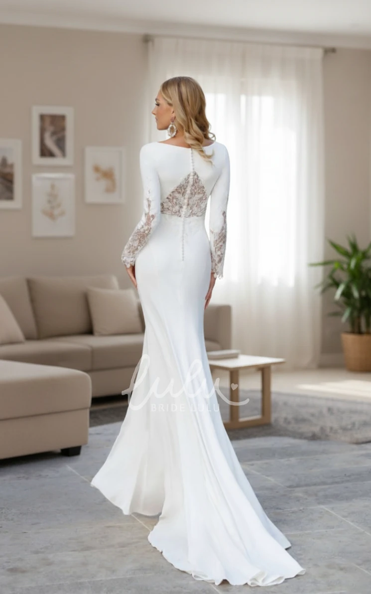 Elegant Bateau Lace Solid Bridal Gown Modest Sheath Satin Long Sleeve Wedding Dress