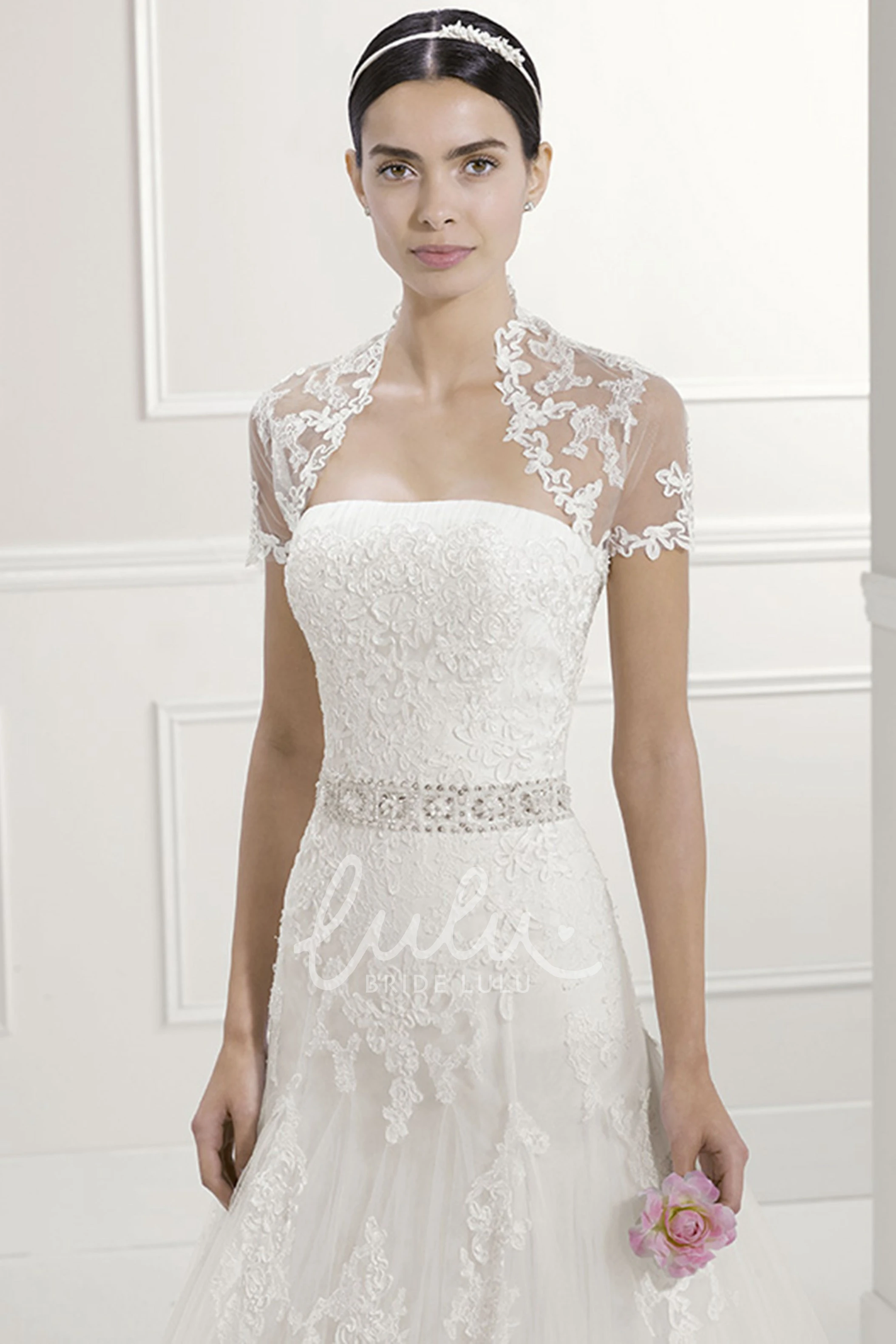 Crystal Waist Tulle Wedding Dress with Removable Sleeves Strapless