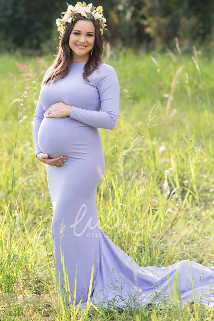 Sweep Train A-Line Maternity Dress with Long Sleeves and Empire Waist