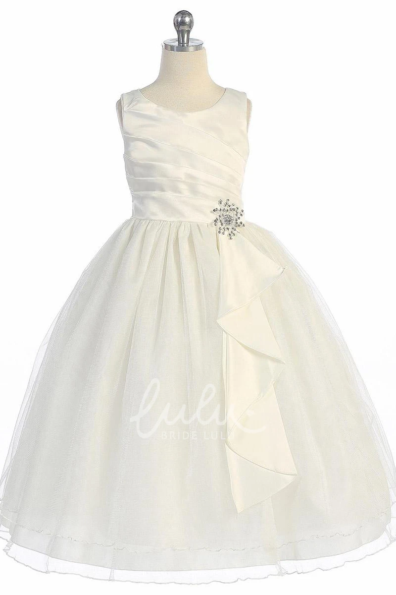 Pleated Satin Flower Girl Dress With Ruffles Broach Classy Prom Dress
