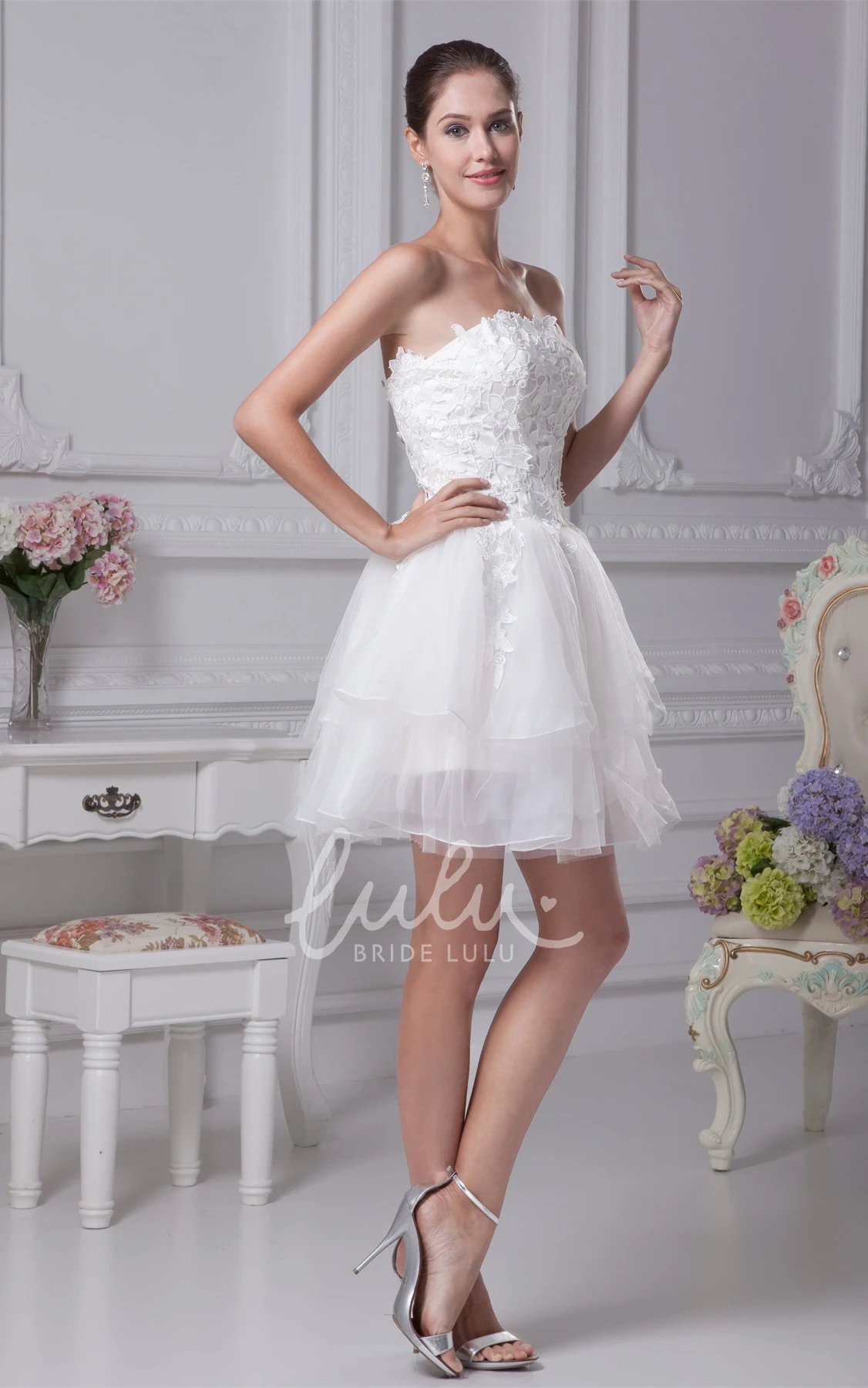 Strapless A-Line Dress with Appliques and Tulle Overlay for Prom