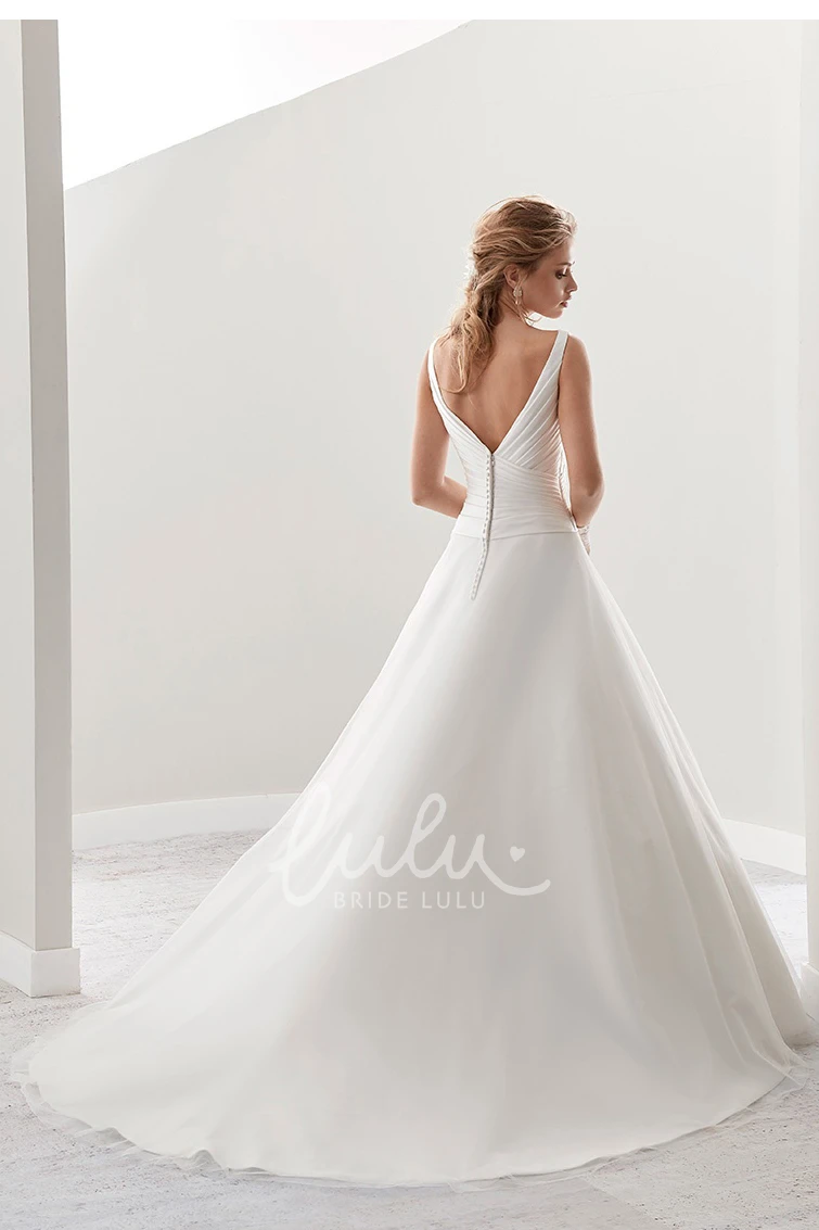 A-Line V-Neck Pleated Warm Wedding Dress with Low-V Back and Brush Train