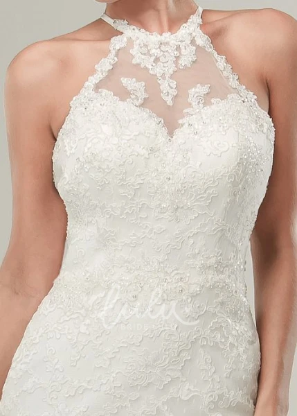 Illusion Long Lace Wedding Dress with High Neck & Sweep Train