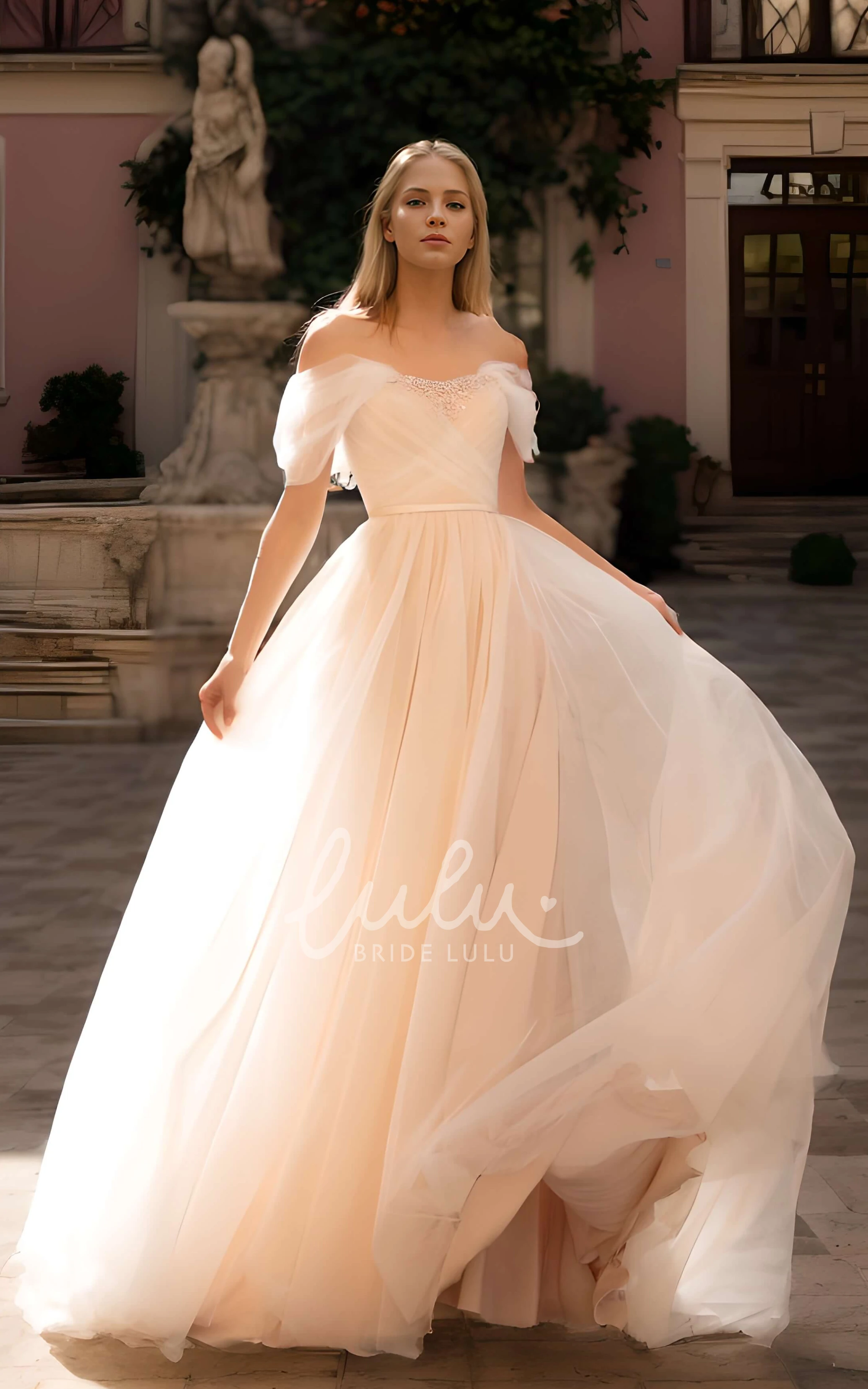 Modern Whimsical A-Line Off the Shoulder Boho Wedding Dress Princess Backless Beaded Sequin Bridal Gown