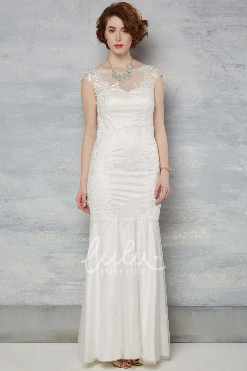 Scoop-Neck Lace Cap-Sleeve Wedding Dress with Illusion Romantic Bridal Gown