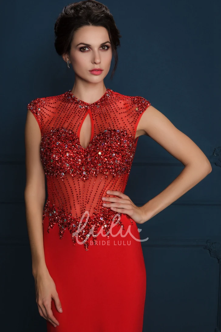 Crystal Cap-Sleeve Sheath Jersey Evening Dress Simple Dress for Women